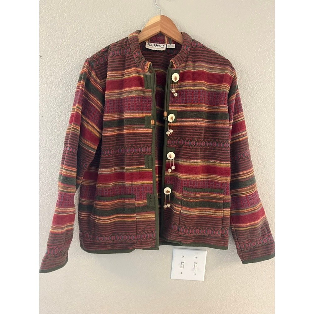Flashback Vintage Woven Cotton Southwestern Stripe Jacket Burgundy Green Medium